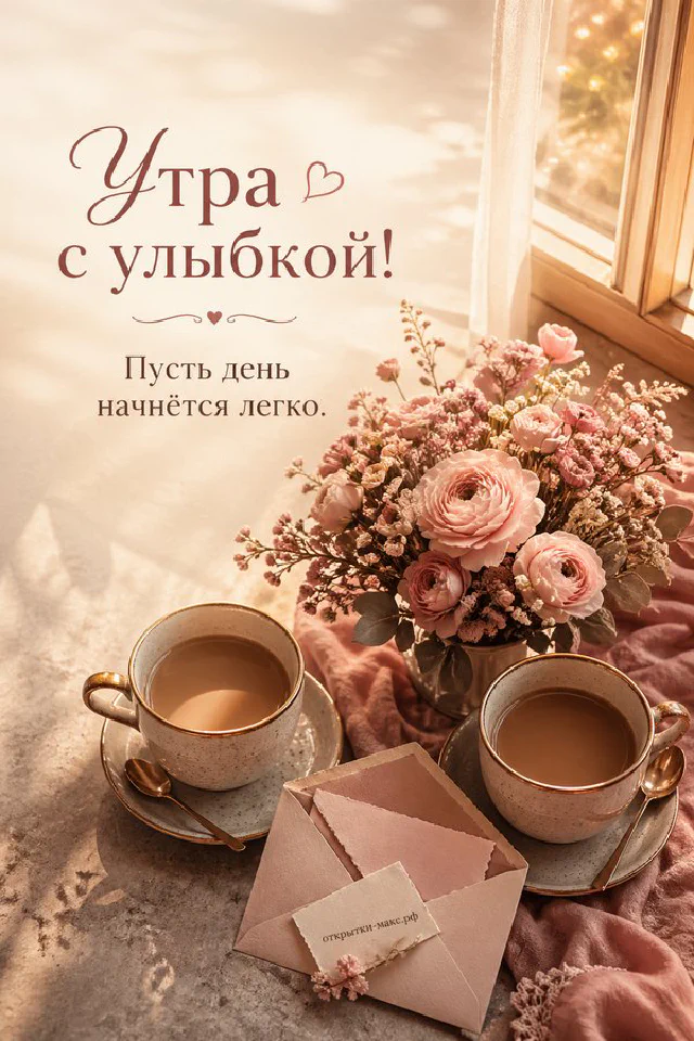 Ваза с белыми розами и голубыми цветами, две чашки кофе и конверт на голубой скатерти у окна — вариант 2