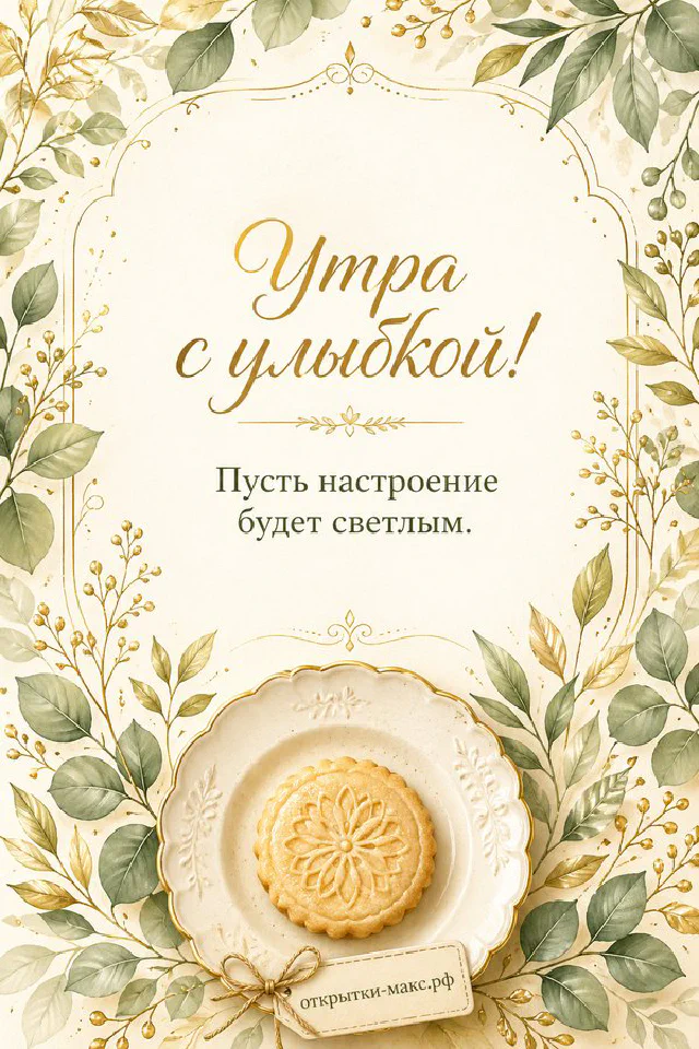 Чашка чая, открытая книга и горящая свеча на мягком пледе, надпись «Утра с улыбкой», акварель — вариант 2