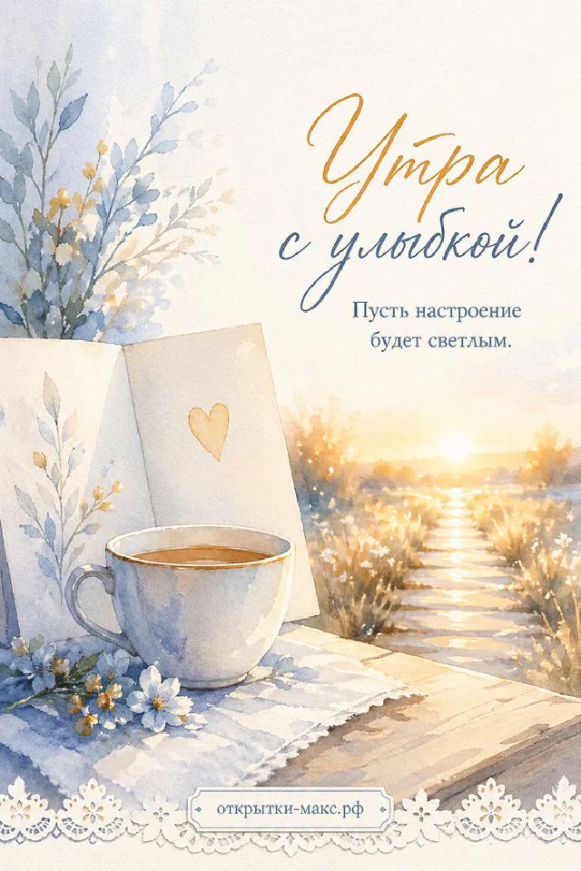 Чашка чая, открытая книга и горящая свеча на мягком пледе, надпись «Утра с улыбкой», акварель — вариант 3