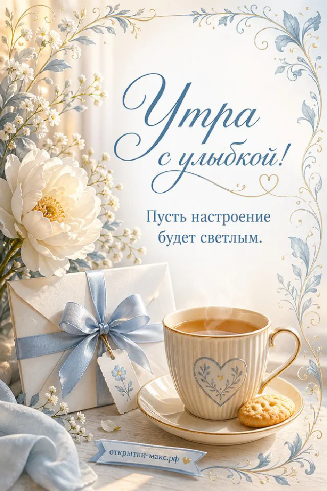 Чашка чая, открытая книга и горящая свеча на мягком пледе, надпись «Утра с улыбкой», акварель — вариант 4