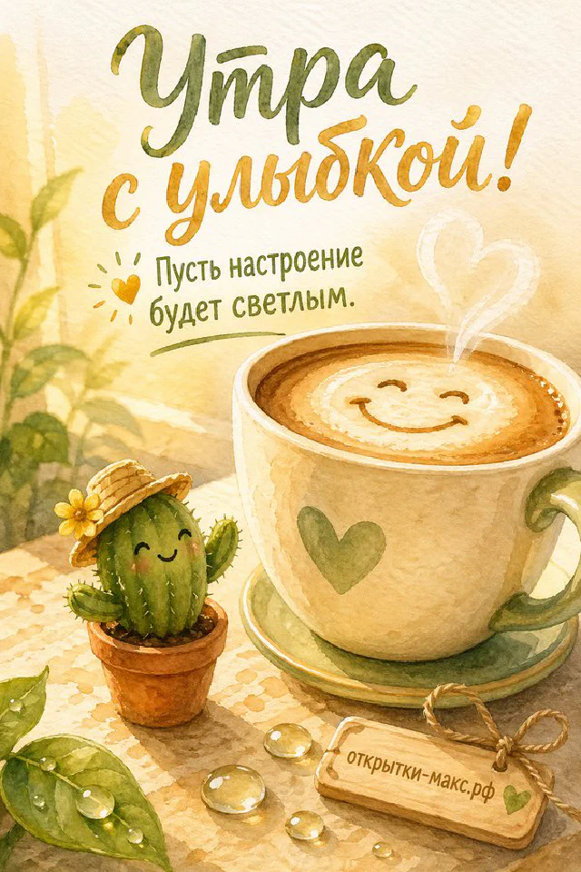 Чашка чая, открытая книга и горящая свеча на мягком пледе, надпись «Утра с улыбкой», акварель — вариант 6