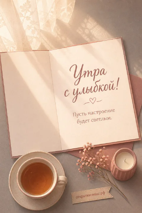 Чашка чая, открытая книга и горящая свеча на мягком пледе, надпись «Утра с улыбкой», акварель