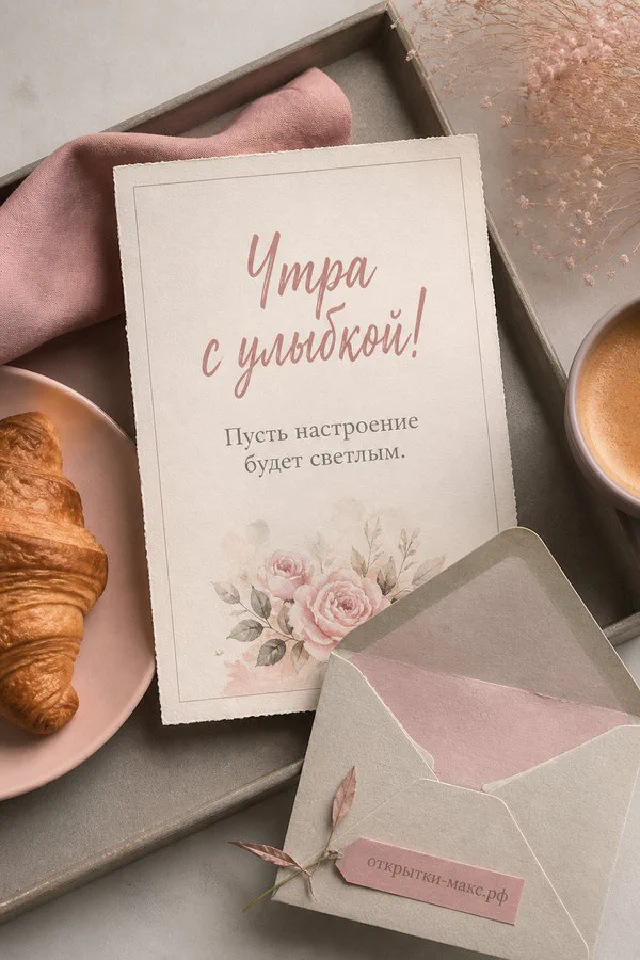Чашка чая, открытая книга и горящая свеча на мягком пледе, надпись «Утра с улыбкой», акварель — вариант 5