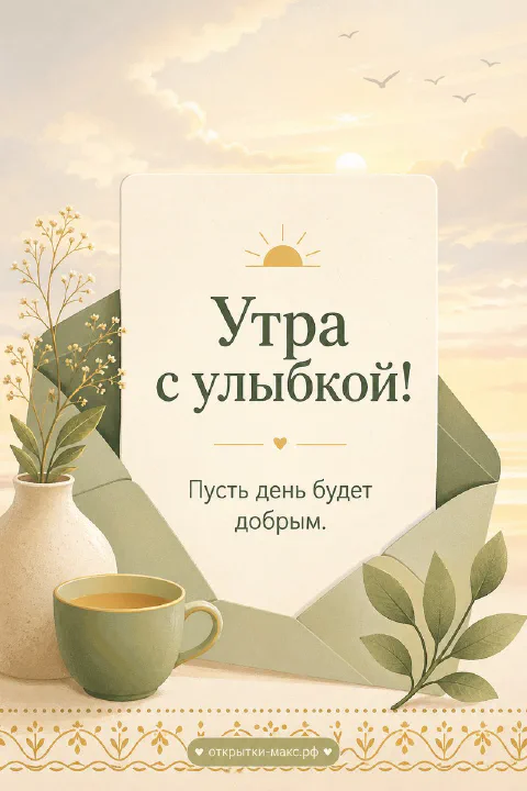 Минималистичная открытка «Утра с улыбкой» с чашкой кофе, конвертом и веточкой в вазе
