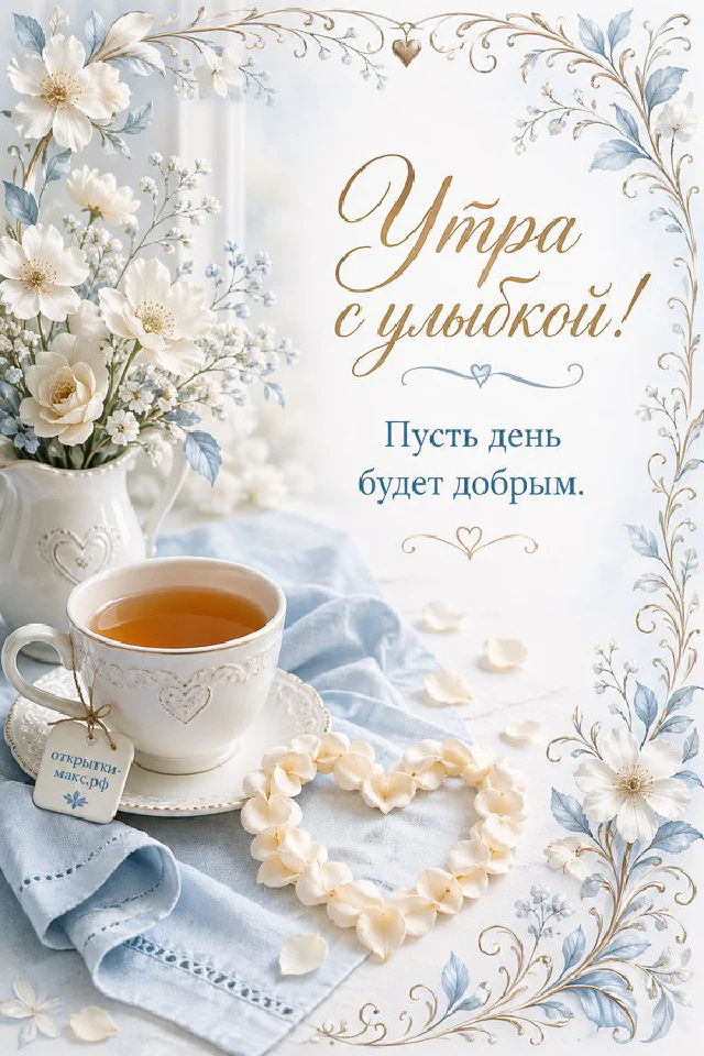 Минималистичная открытка «Утра с улыбкой» с чашкой кофе, конвертом и веточкой в вазе — вариант 3