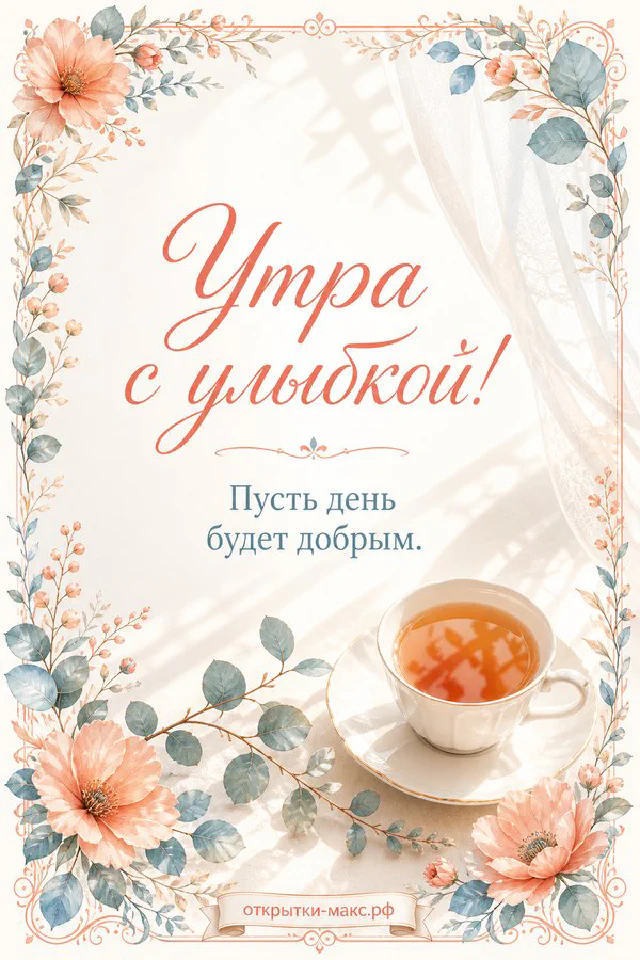 Минималистичная открытка «Утра с улыбкой» с чашкой кофе, конвертом и веточкой в вазе — вариант 2