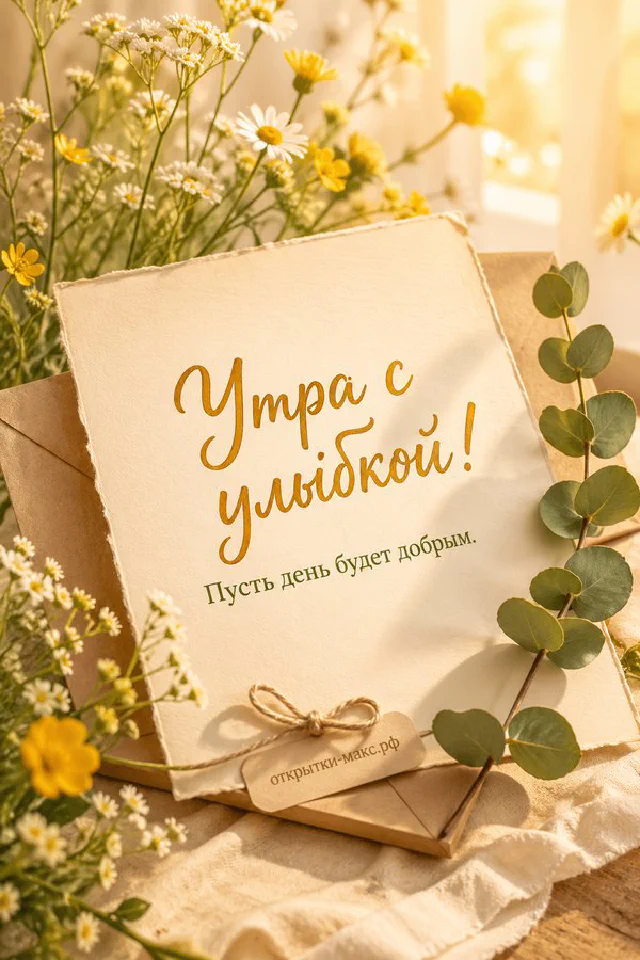 Минималистичная открытка «Утра с улыбкой» с чашкой кофе, конвертом и веточкой в вазе — вариант 4