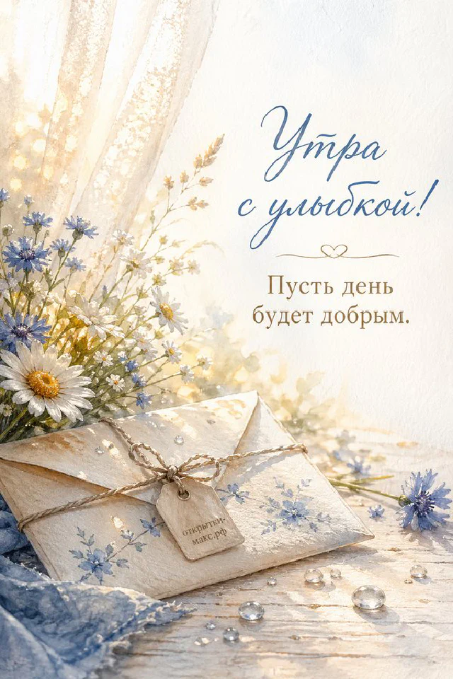 Минималистичная открытка «Утра с улыбкой» с чашкой кофе, конвертом и веточкой в вазе — вариант 5