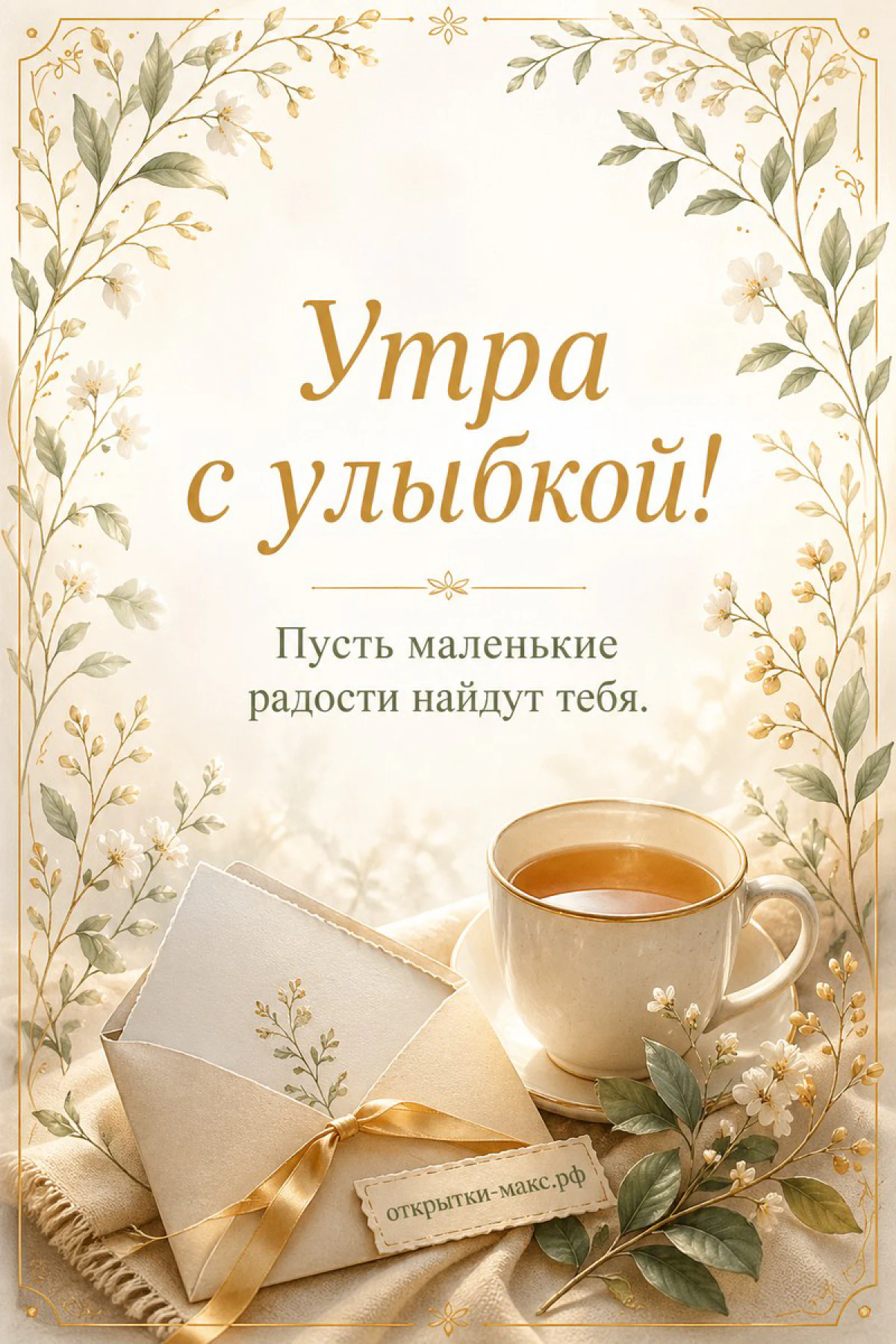 Открытка «Утра с улыбкой» с бежевым конвертом, чашкой чая и золотистыми веточками