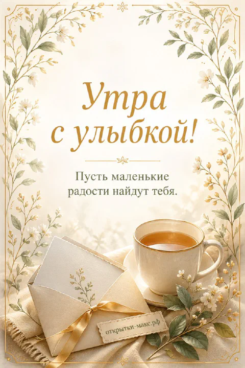 Открытка «Утра с улыбкой» с бежевым конвертом, чашкой чая и золотистыми веточками