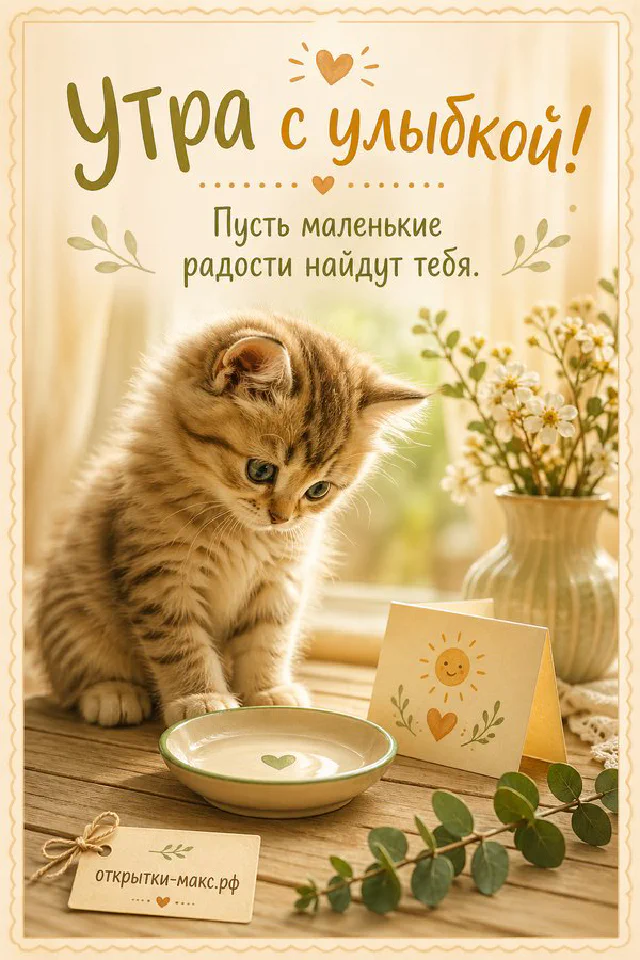 Открытка «Утра с улыбкой» с бежевым конвертом, чашкой чая и золотистыми веточками — вариант 2