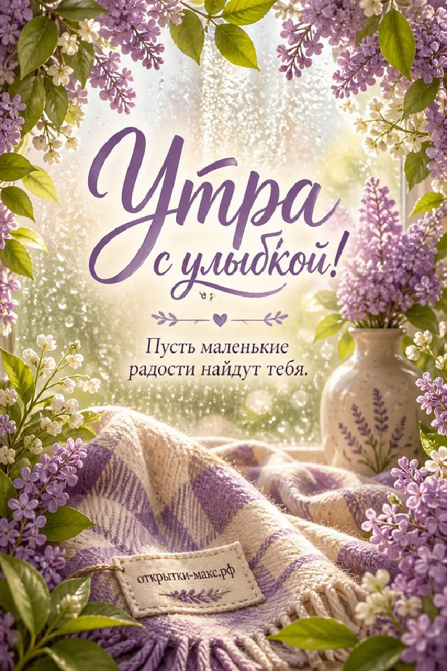 Открытка «Утра с улыбкой» с бежевым конвертом, чашкой чая и золотистыми веточками — вариант 4