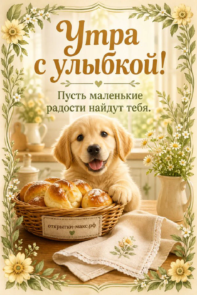 Открытка «Утра с улыбкой» с бежевым конвертом, чашкой чая и золотистыми веточками — вариант 5