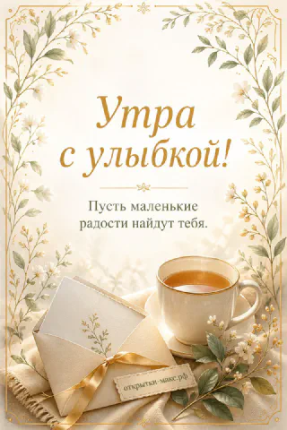 Открытка «Утра с улыбкой» с бежевым конвертом, чашкой чая и золотистыми веточками