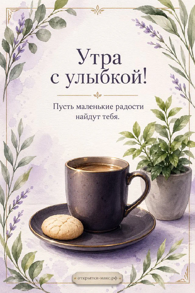 Открытка «Утра с улыбкой» с бежевым конвертом, чашкой чая и золотистыми веточками — вариант 3