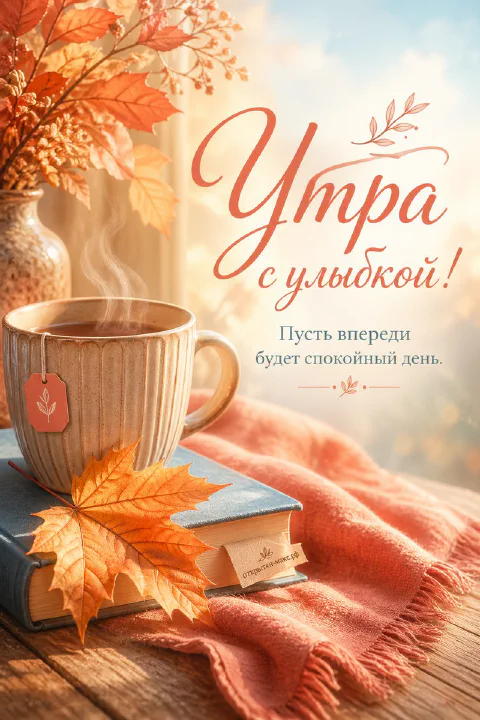 Чашка горячего чая с биркой на книге в оранжевом пледе, рядом кленовый лист и надпись «Утра с улыбкой»
