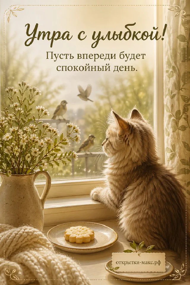 Чашка горячего чая с биркой на книге в оранжевом пледе, рядом кленовый лист и надпись «Утра с улыбкой» — вариант 2