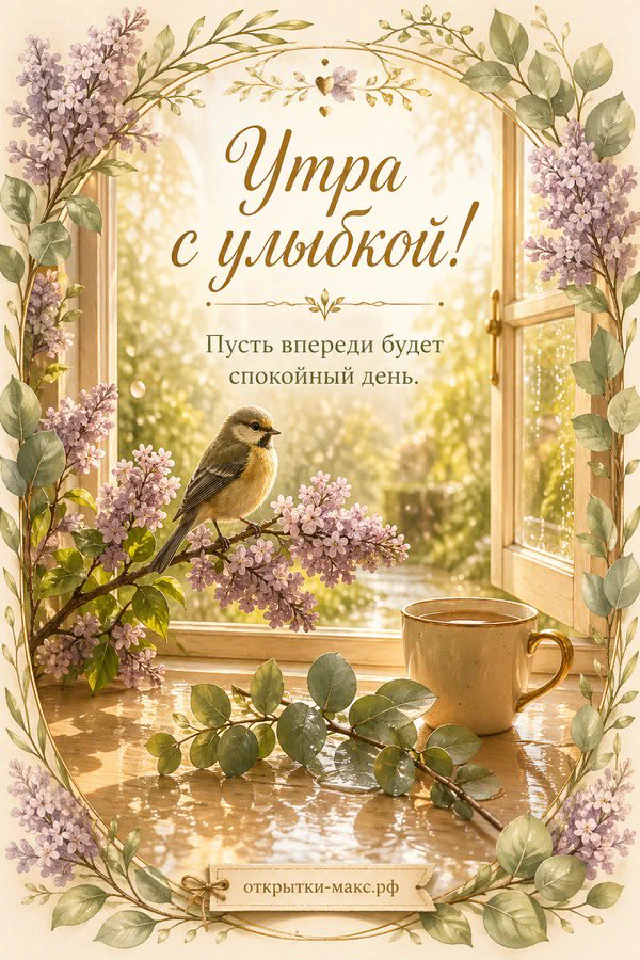 Чашка горячего чая с биркой на книге в оранжевом пледе, рядом кленовый лист и надпись «Утра с улыбкой» — вариант 3