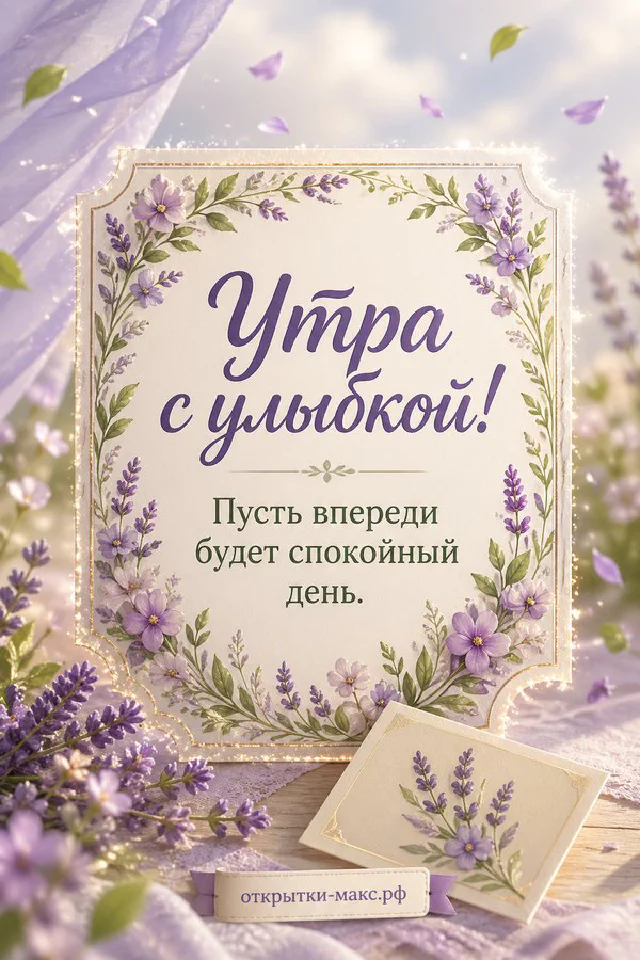 Чашка горячего чая с биркой на книге в оранжевом пледе, рядом кленовый лист и надпись «Утра с улыбкой» — вариант 4