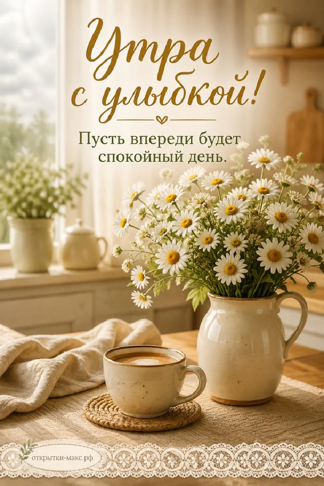 Чашка горячего чая с биркой на книге в оранжевом пледе, рядом кленовый лист и надпись «Утра с улыбкой» — вариант 5
