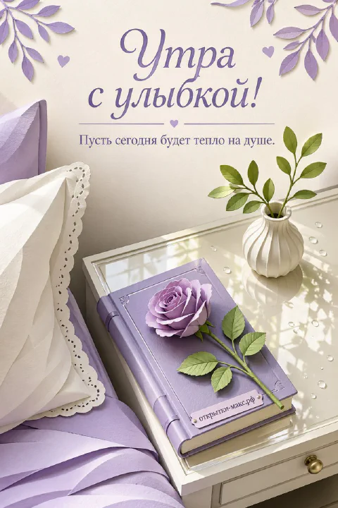 Лиловая книга с декоративной розой на прикроватной тумбочке рядом с вазой с зелёными веточками