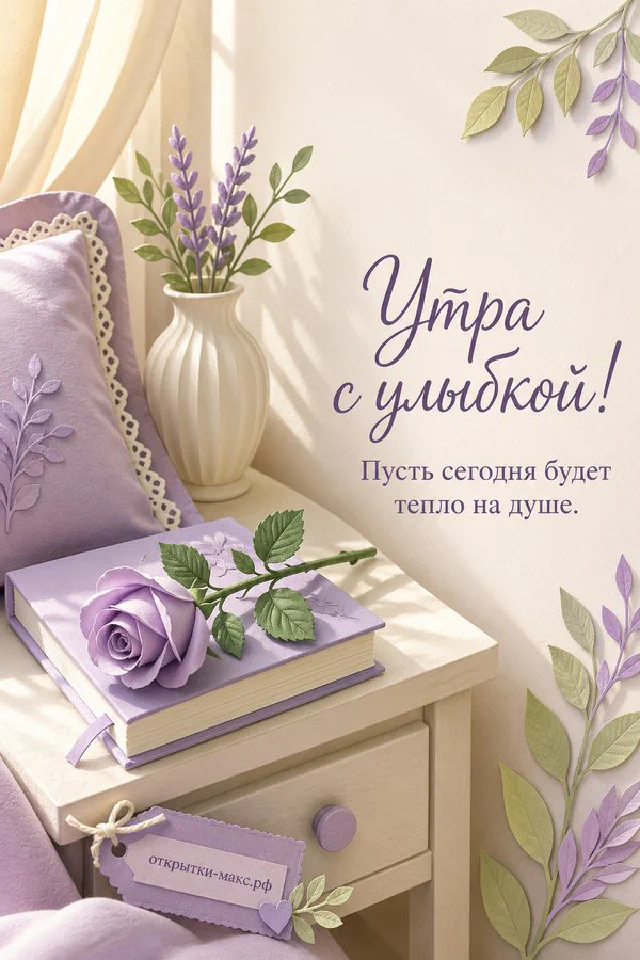 Лиловая книга с декоративной розой на прикроватной тумбочке рядом с вазой с зелёными веточками — вариант 2