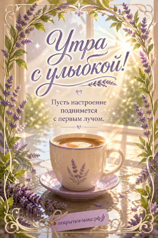 Чашка кофе с лавандовым рисунком на блюдце, обрамлённая ветками лаванды в золотистой декоративной рамке