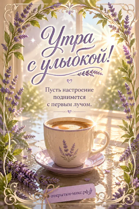 Чашка кофе с лавандовым рисунком на блюдце, обрамлённая ветками лаванды в золотистой декоративной рамке