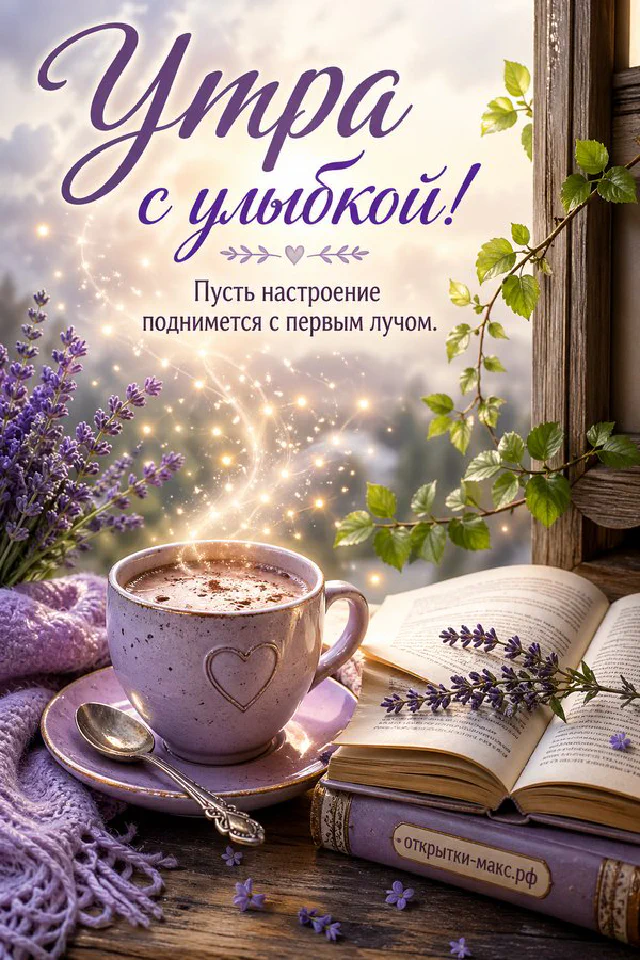 Чашка кофе с лавандовым рисунком на блюдце, обрамлённая ветками лаванды в золотистой декоративной рамке — вариант 3