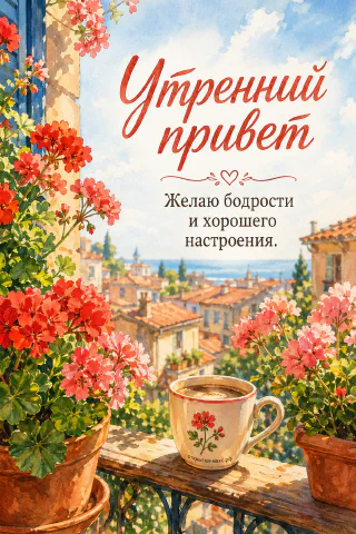 Чашка чая на перилах балкона среди горшков с красной геранью, за ними — черепичные крыши летнего города