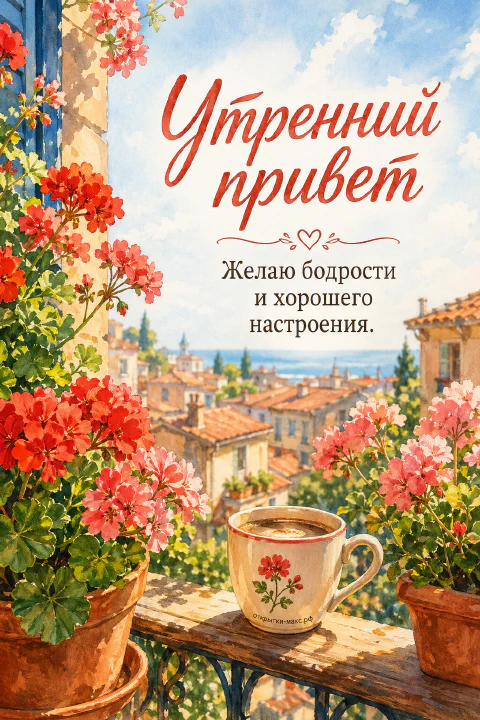 Чашка чая на перилах балкона среди горшков с красной геранью, за ними — черепичные крыши летнего города