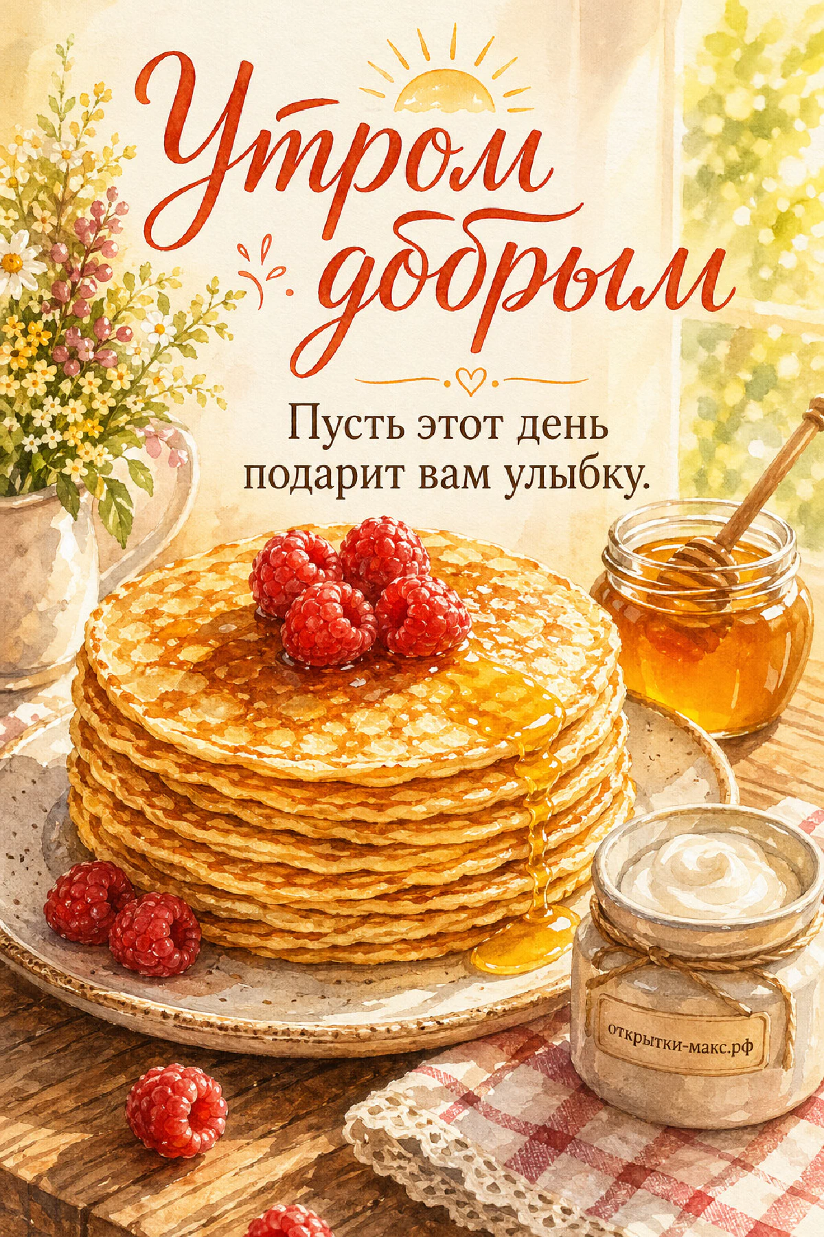 Высокая стопка золотистых блинчиков на тарелке, украшенная ягодами малины, с баночкой мёда и сметаны рядом