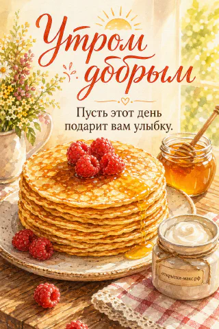 Высокая стопка золотистых блинчиков на тарелке, украшенная ягодами малины, с баночкой мёда и сметаны рядом