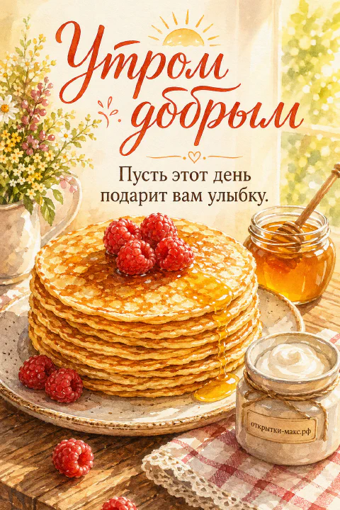 Высокая стопка золотистых блинчиков на тарелке, украшенная ягодами малины, с баночкой мёда и сметаны рядом