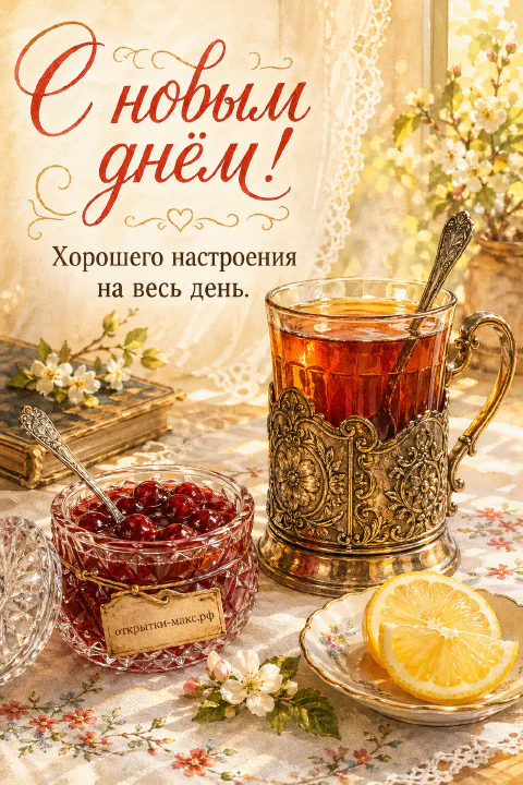 Стакан чая в серебряном подстаканнике, баночка красного варенья и долька лимона на блюдце у окна с цветами