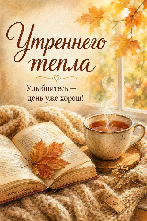 Раскрытая книга с оранжевым кленовым листом и дымящаяся чашка чая на кремовом вязаном пледе у осеннего окна
