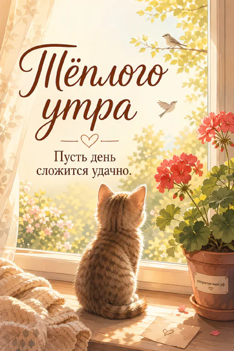 Маленький рыжий котёнок сидит спиной на подоконнике и смотрит в окно на двух птичек, рядом горшок с цветком