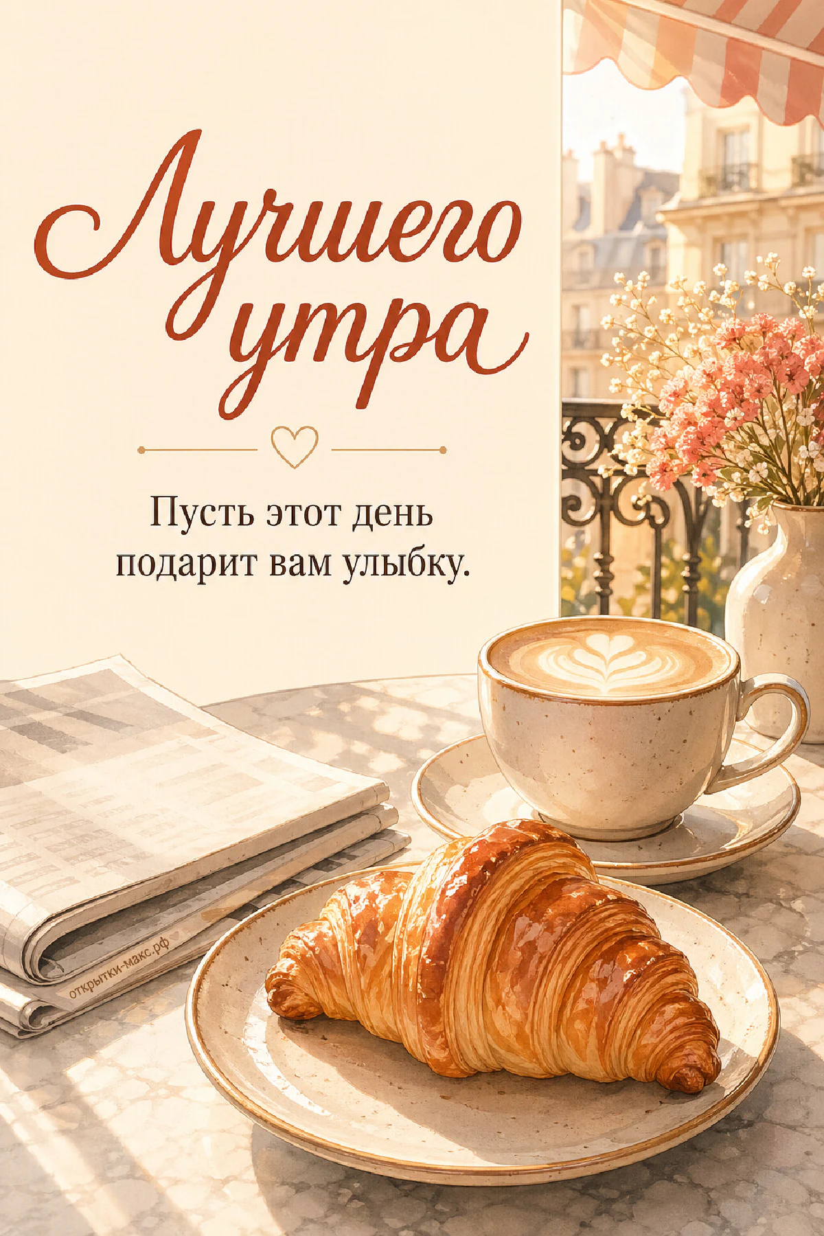 Румяный круассан на тарелке, чашка капучино с латте-артом и сложенная газета на мраморном столике у открытого балкона
