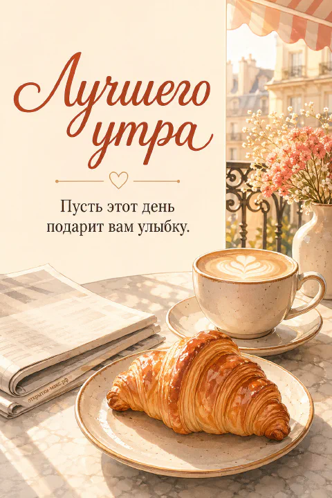 Румяный круассан на тарелке, чашка капучино с латте-артом и сложенная газета на мраморном столике у открытого балкона