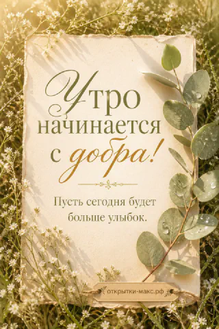 Состаренный лист бумаги с текстом «Утро начинается с добра» среди белых цветов и зеленых веток