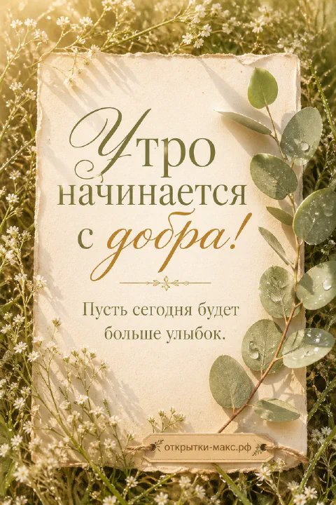Состаренный лист бумаги с текстом «Утро начинается с добра» среди белых цветов и зеленых веток