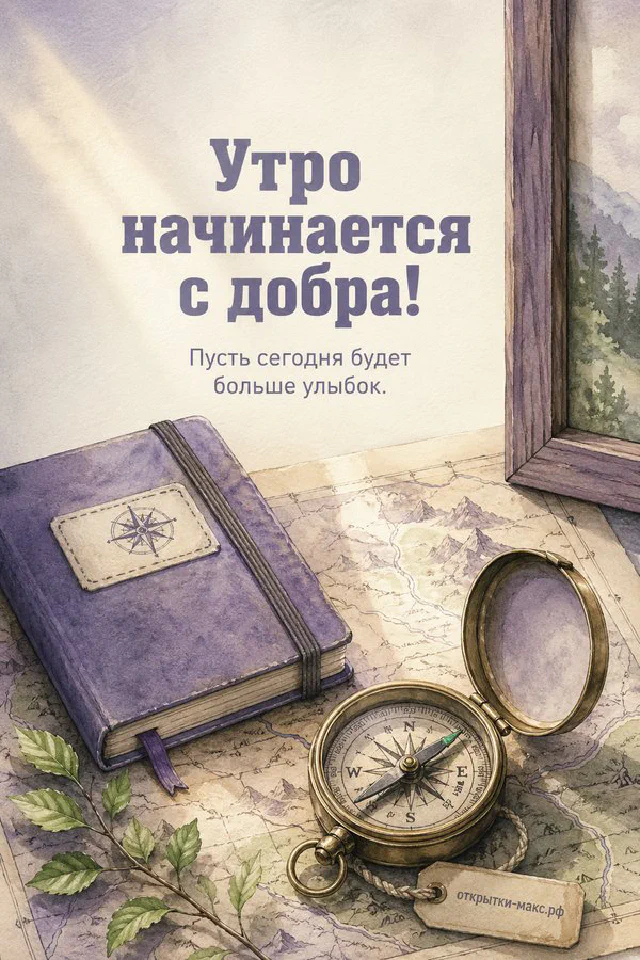 Состаренный лист бумаги с текстом «Утро начинается с добра» среди белых цветов и зеленых веток — вариант 2