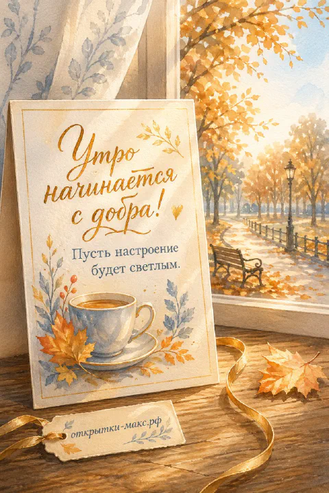 Чашка кофе и осенние листья на деревянном столе, надпись «Утро начинается с добра», акварель