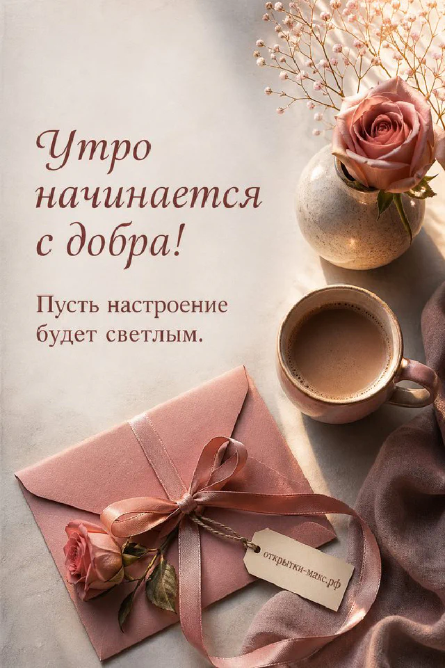 Чашка кофе и осенние листья на деревянном столе, надпись «Утро начинается с добра», акварель — вариант 2