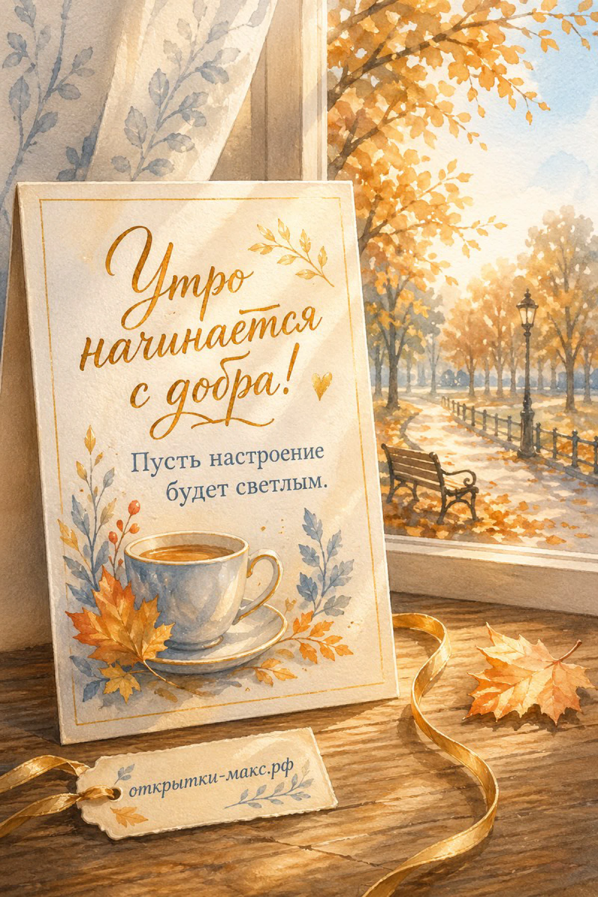Чашка кофе и осенние листья на деревянном столе, надпись «Утро начинается с добра», акварель