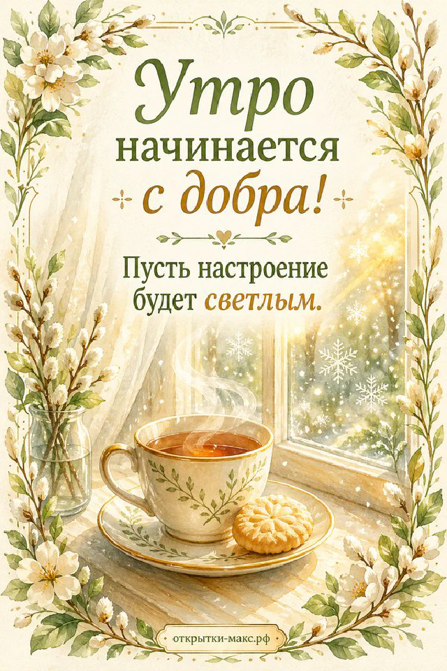 Чашка кофе и осенние листья на деревянном столе, надпись «Утро начинается с добра», акварель — вариант 3