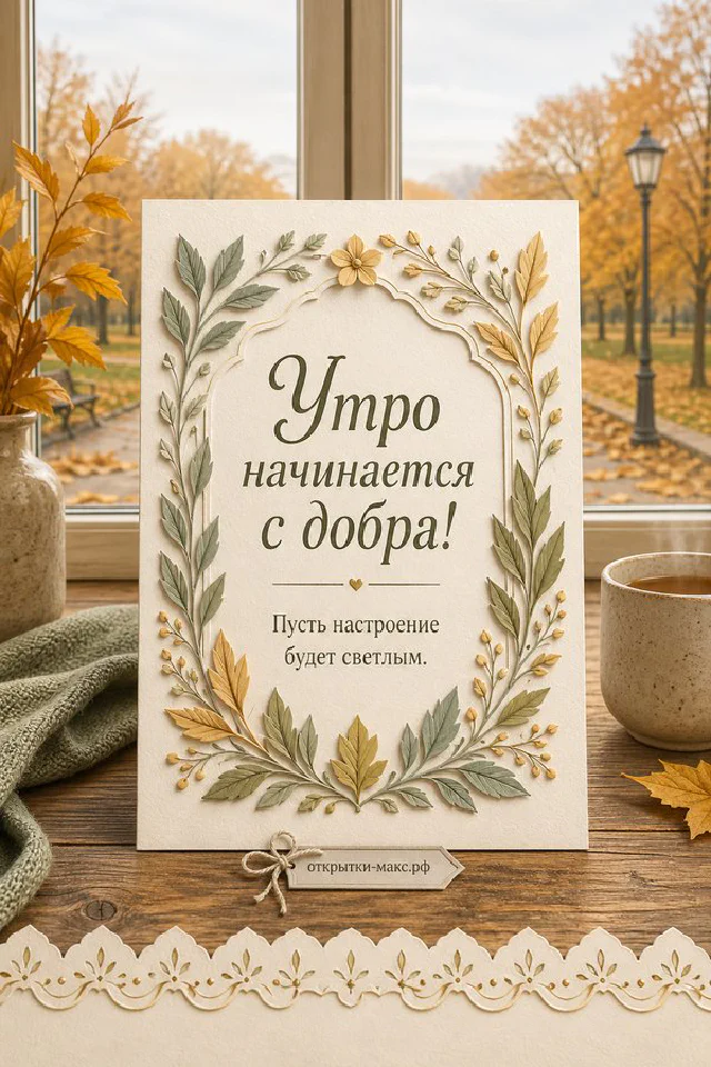 Чашка кофе и осенние листья на деревянном столе, надпись «Утро начинается с добра», акварель — вариант 5