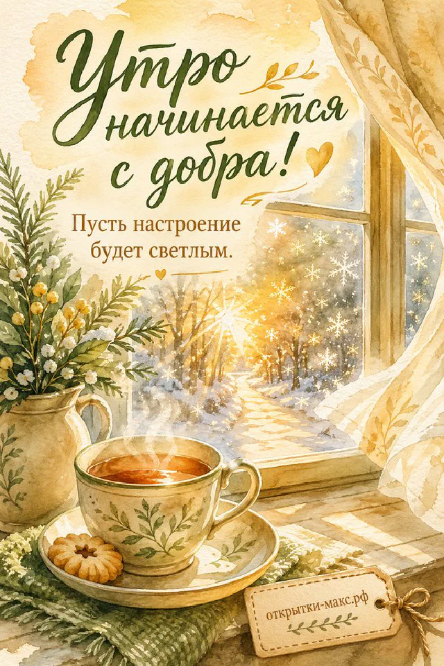 Чашка кофе и осенние листья на деревянном столе, надпись «Утро начинается с добра», акварель — вариант 6