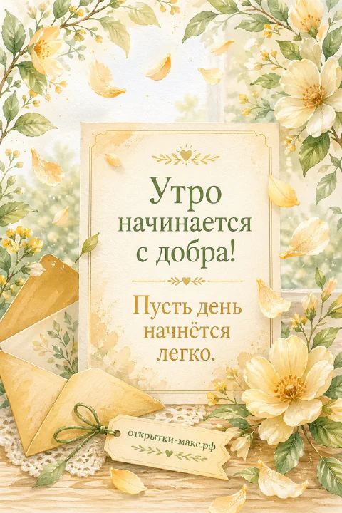 Акварельная открытка с конвертом и жёлтыми цветами с надписью «Утро начинается с добра»