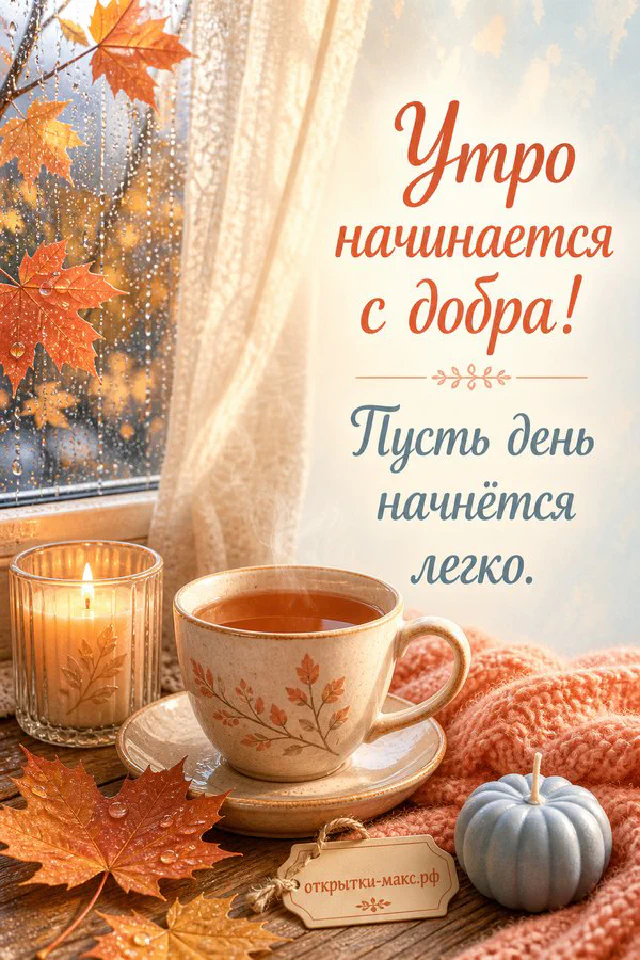 Акварельная открытка с конвертом и жёлтыми цветами с надписью «Утро начинается с добра» — вариант 2